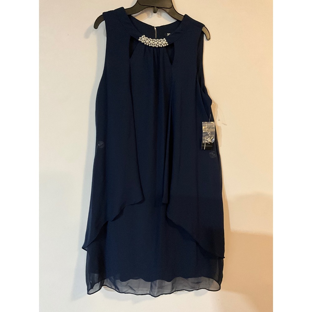 SLNY Navy Blue Chiffon Layered Pearl Neck Shift Dress Size 8 110366